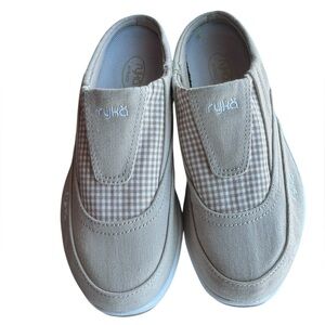 NWOB Ryka Tan Canvas Plaid Slip On Mule Clog 6.5 Round Toe Neutral